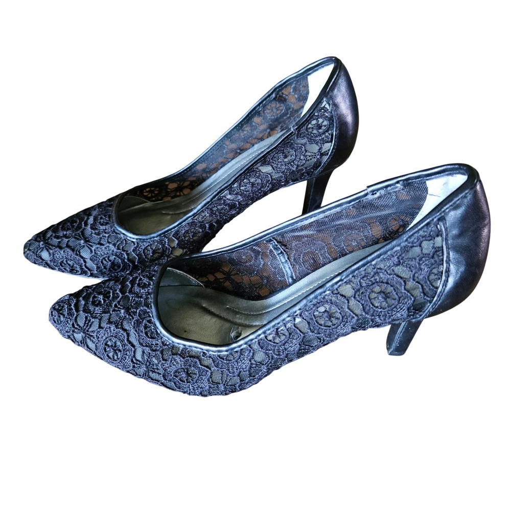 Cloudwalkers Pumps Womens 9W Black Floral Lace Sheer Mesh Pointed Toe Stiletto